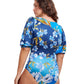 Back View Of Gottex Modest Puff Sleeve High Neck One Piece Swimsuit | GOTTEX MODEST BELLA ROSE BLUE