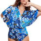 Front View Of Gottex Modest V-Neck Wide Sleeve One Piece Swimsuit | GOTTEX MODEST BELLA ROSE BLUE