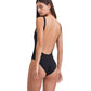 Back View Of Au Naturel Romi Textured High Leg Scoop Neck One Piece Swimsuit | AU NATUREL BLACK TEXTURED