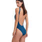 Back View Of Au Naturel Romi Textured High Leg Scoop Neck One Piece Swimsuit | AU NATUREL TEAL TEXTURED