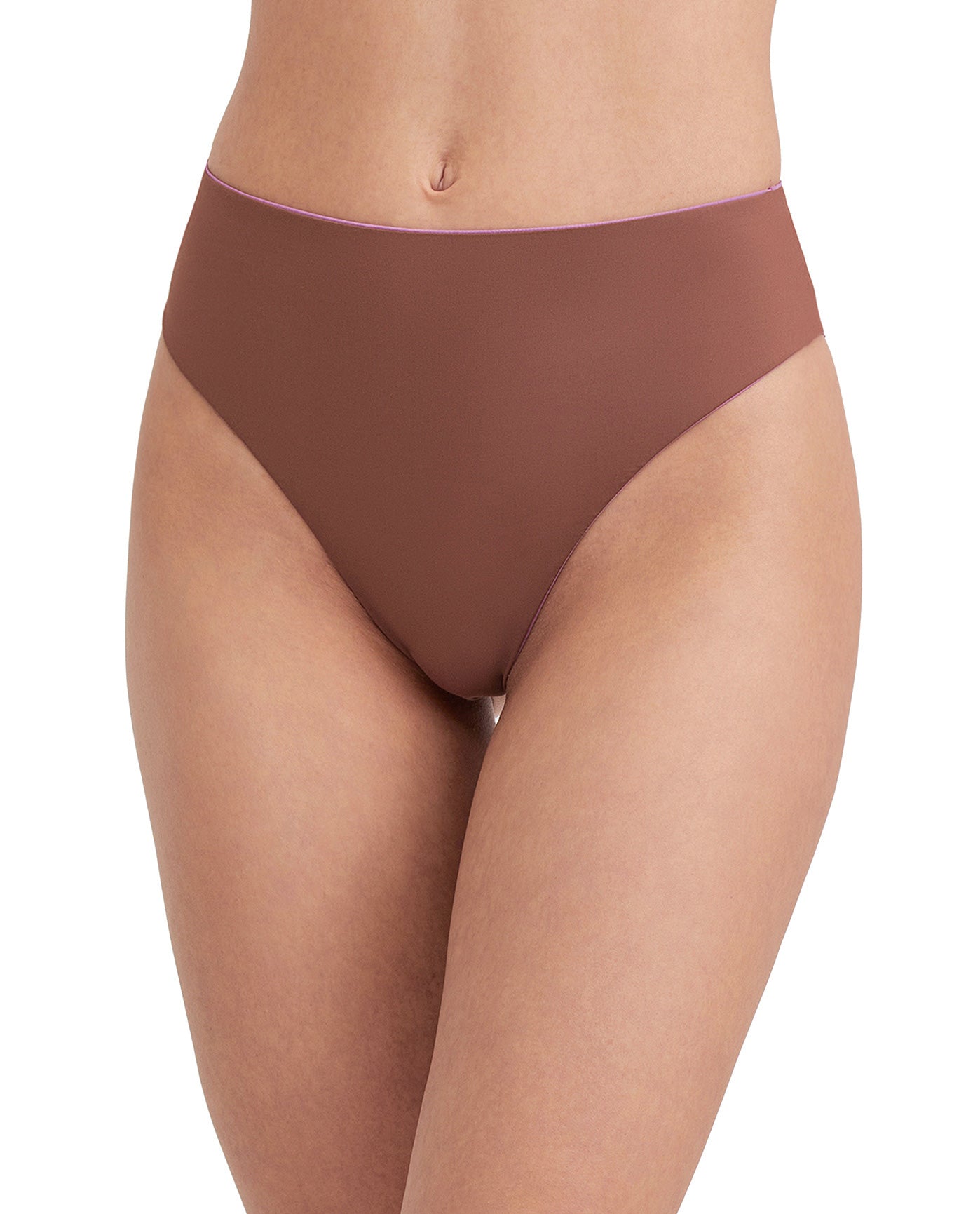 reversible front View Of Au Naturel Tyra High Leg High Waist Bikini Bottom | AU NATUREL DUSK MAUVE AND HAZELNUT