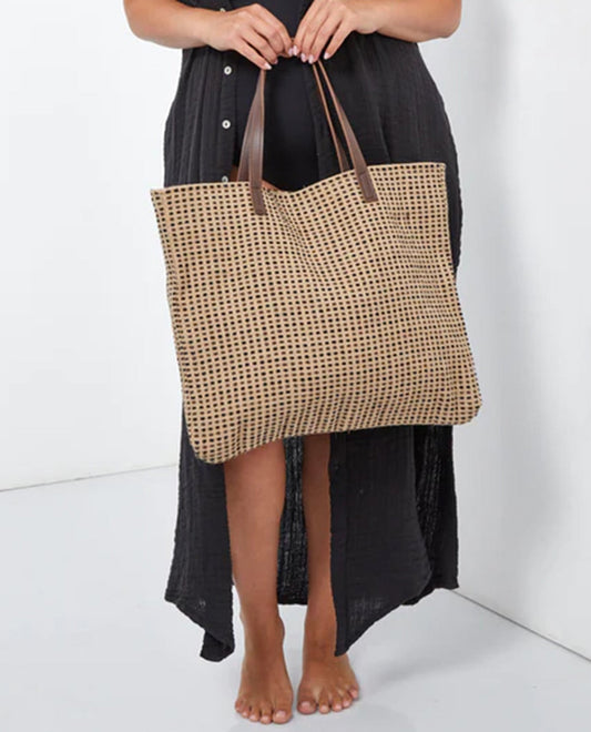 Alternate Front View Of Gottex Jute And Vegan Leather Bag | GOTTEX BLACK AND BROWN PIXEL
