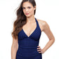 Front View Of Profile By Gottex Afternoon Tea Textured Halter Tankini Top | PROFILE AFTERNOON TEA NAVY