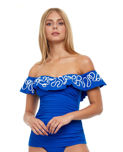 Front View Of Profile By Gottex Free Spirit Off The Shoulder Shirred Tankini Top | PROFILE FREE SPIRIT ROYAL
