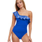 Front View Of Profile By Gottex Free Spirit Ruffle One Shoulder One Piece Swimsuit | PROFILE FREE SPIRIT ROYAL
