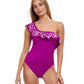 Front View Of Profile By Gottex Free Spirit Ruffle One Shoulder One Piece Swimsuit | PROFILE FREE SPIRIT VIOLET