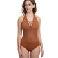 Front View Of Profile By Gottex Sheer Bliss Strappy High Neck One Piece Swimsuit | PROFILE SHEER BLISS CINNAMON