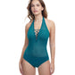 Front View Of Profile By Gottex Sheer Bliss Strappy High Neck One Piece Swimsuit | PROFILE SHEER BLISS TEAL