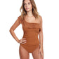 Front View Of Profile By Gottex Sheer Bliss Ruffle One Shoulder One Piece Swimsuit | PROFILE SHEER BLISS CINNAMON