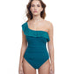 Front View Of Profile By Gottex Sheer Bliss Ruffle One Shoulder One Piece Swimsuit | PROFILE SHEER BLISS TEAL