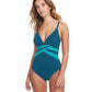 Front View Of Profile By Gottex Duet Skinny Strap V-Neck One Piece Swimsuit | PROFILE DUET TEAL AND TURQUOISE