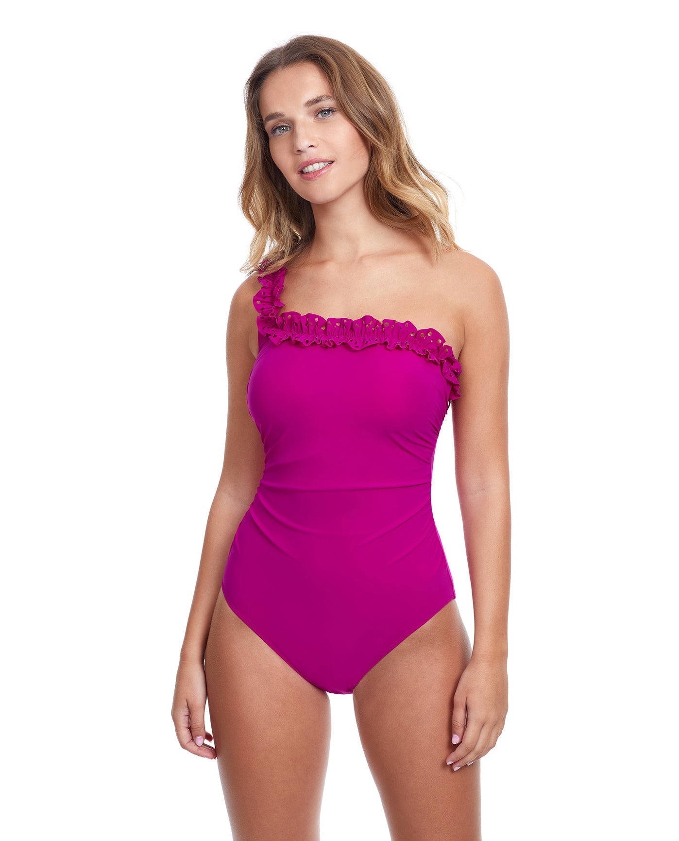 Front View Of Profile By Gottex Hula Dance Ruffle One Shoulder One Piece Swimsuit | PROFILE HULA DANCE VIOLET