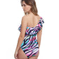 Back View Of Profile By Gottex Wild Parade Ruffle One Shoulder One Piece Swimsuit | PROFILE WILD PARADE