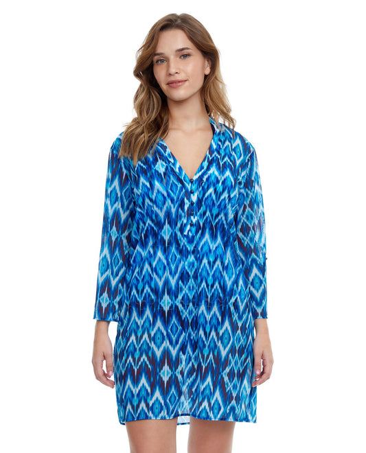 Front View Of Profile By Gottex Ocean Blues V-Neck Button Up Long Sleeve Mesh Tunic | PROFILE OCEAN BLUES BLUE