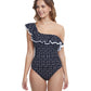 Front View Of Profile By Gottex Supreme Ruffle One Shoulder One Piece Swimsuit | PROFILE SUPREME BLACK AND WHITE