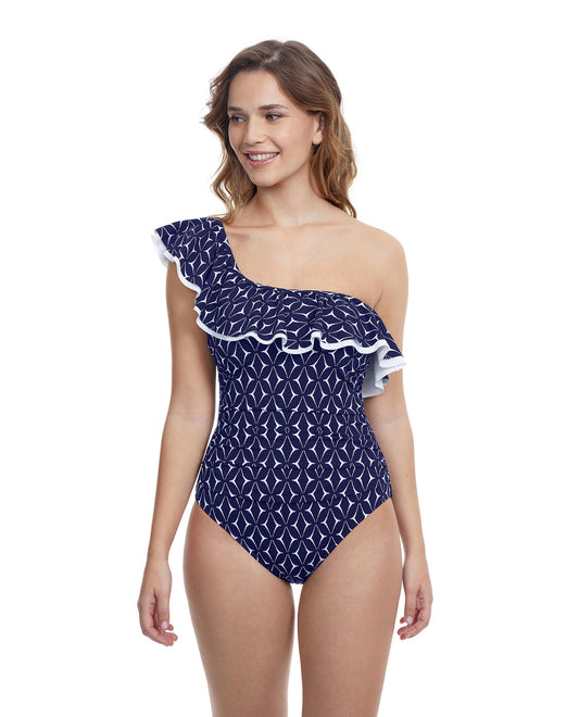 Front View Of Profile By Gottex Supreme Ruffle One Shoulder One Piece Swimsuit | PROFILE SUPREME NAVY AND WHITE