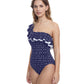 Side View Of Profile By Gottex Supreme Ruffle One Shoulder One Piece Swimsuit | PROFILE SUPREME NAVY AND WHITE