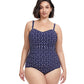 Front View Of Profile By Gottex Supreme Plus Size Scoop Neck Shirred Underwire One Piece Swimsuit | PROFILE SUPREME NAVY AND WHITE