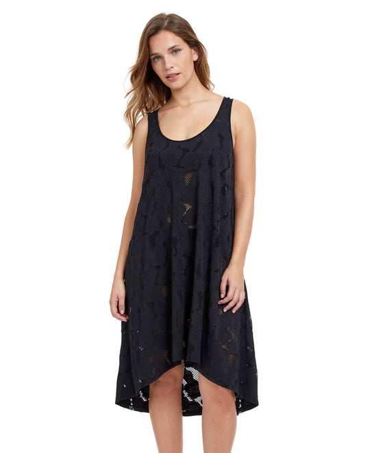 Front View Of Profile By Gottex Late Bloomer High Low Mesh Beach Dress Cover Up | PROFILE LATE BLOOMER BLACK