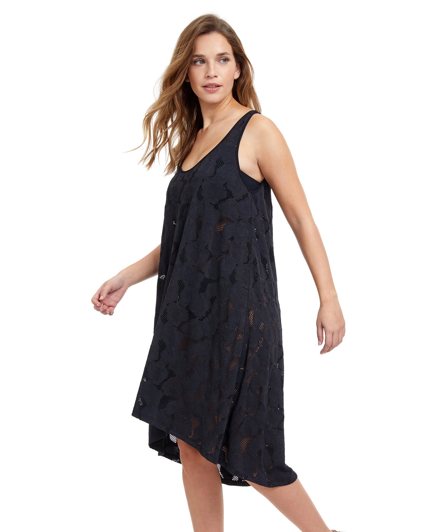 Side View Of Profile By Gottex Late Bloomer High Low Mesh Beach Dress Cover Up | PROFILE LATE BLOOMER BLACK