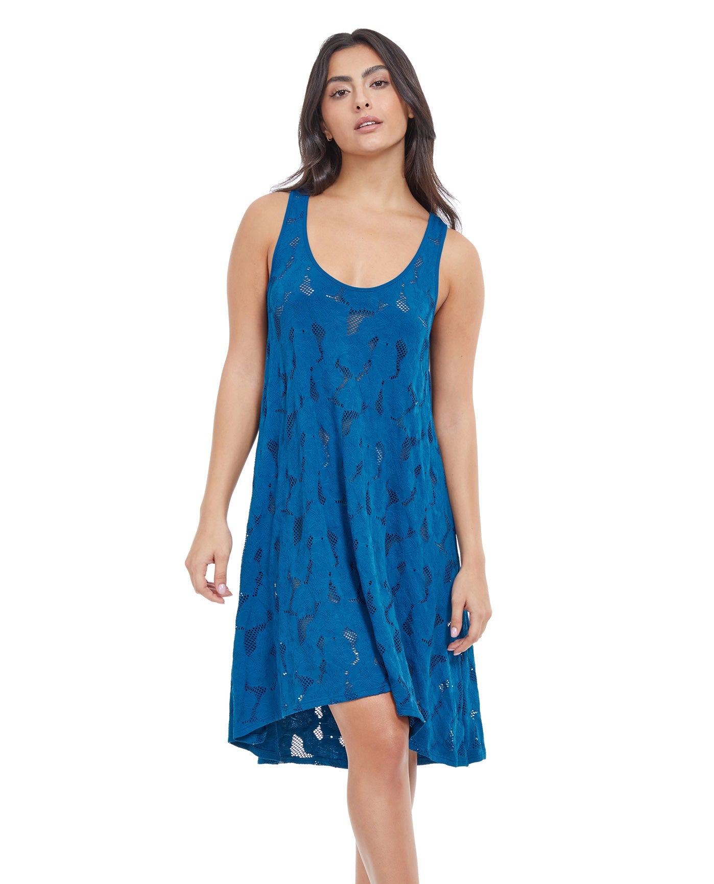Front View Of Profile By Gottex Late Bloomer High Low Mesh Beach Dress Cover Up | PROFILE LATE BLOOMER PETROL