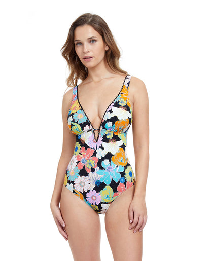 Front View Of Profile By Gottex Rising Sun Deep V-Neck Halter One Piece Swimsuit | PROFILE RISING SUN BLACK