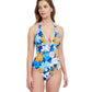 Front View Of Profile By Gottex Rising Sun Deep V-Neck Halter One Piece Swimsuit | PROFILE RISING SUN BLUE