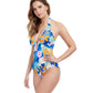 Side View Of Profile By Gottex Rising Sun Deep V-Neck Halter One Piece Swimsuit | PROFILE RISING SUN BLUE