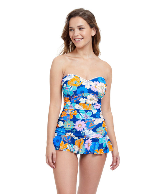 Front View Of Profile By Gottex Rising Sun Bandeau Strapless Swimdress | PROFILE RISING SUN BLUE