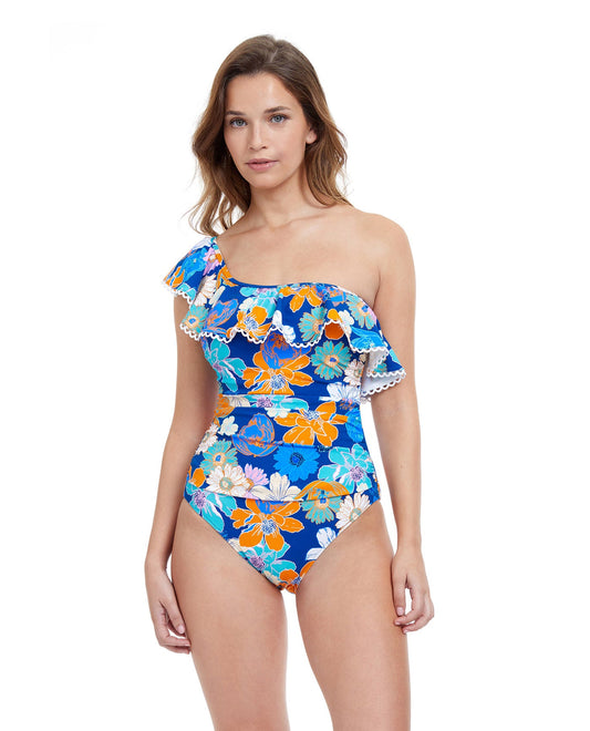 Front View Of Profile By Gottex Rising Sun Ruffle One Shoulder One Piece Swimsuit | PROFILE RISING SUN BLUE