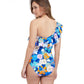 Back View Of Profile By Gottex Rising Sun Ruffle One Shoulder One Piece Swimsuit | PROFILE RISING SUN BLUE