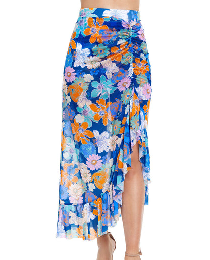 Front View Of Profile By Gottex Rising Sun High Low Long Cover Up Skirt | PROFILE RISING SUN BLUE