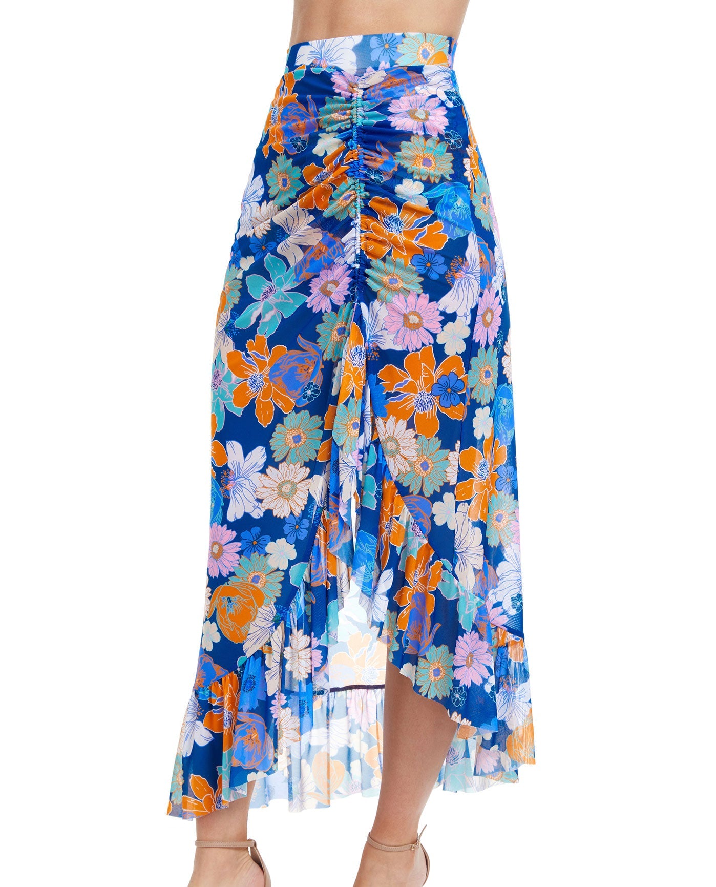 Side View Of Profile By Gottex Rising Sun High Low Long Cover Up Skirt | PROFILE RISING SUN BLUE