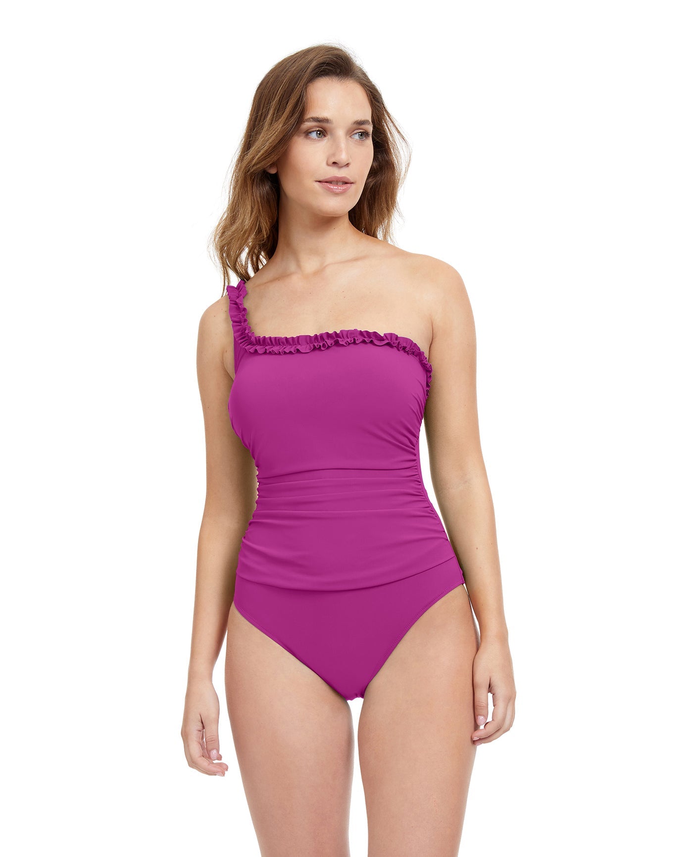 Front View Of Profile By Gottex Frill Me Ruffle One Shoulder One Piece Swimsuit | PROFILE FRILL ME WARM VIOLET