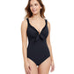 Front View Of Profile By Gottex Frill Me Tie Front Underwire V-Neck One Piece Swimsuit | PROFILE FRILL ME BLACK