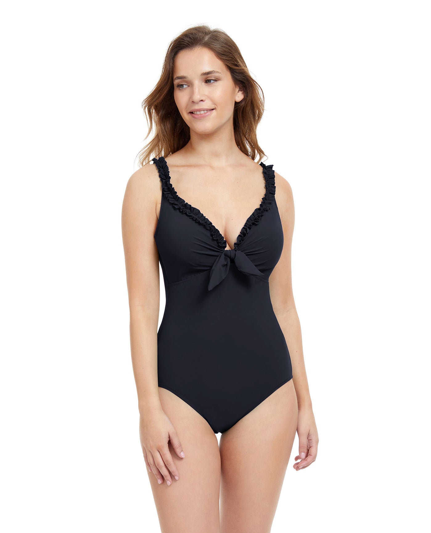 Front View Of Profile By Gottex Frill Me Tie Front Underwire V-Neck One Piece Swimsuit | PROFILE FRILL ME BLACK