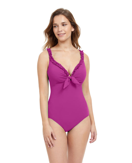 Front View Of Profile By Gottex Frill Me Tie Front Underwire V-Neck One Piece Swimsuit | PROFILE FRILL ME WARM VIOLET