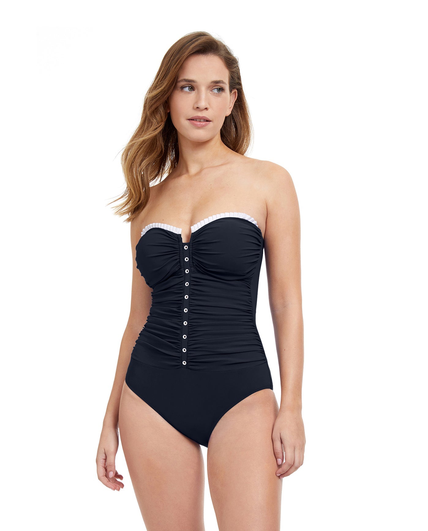Front View Of Profile By Gottex French Pleats Shirred Front Bandeau Strapless One Piece Swimsuit | PROFILE FRENCH PLEATS BLACK