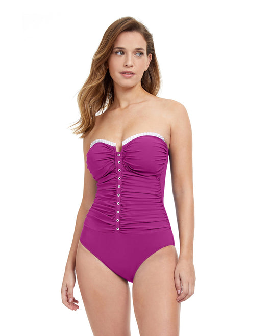 Front View Of Profile By Gottex French Pleats Shirred Front Bandeau Strapless One Piece Swimsuit | PROFILE FRENCH PLEATS WARM VIOLET