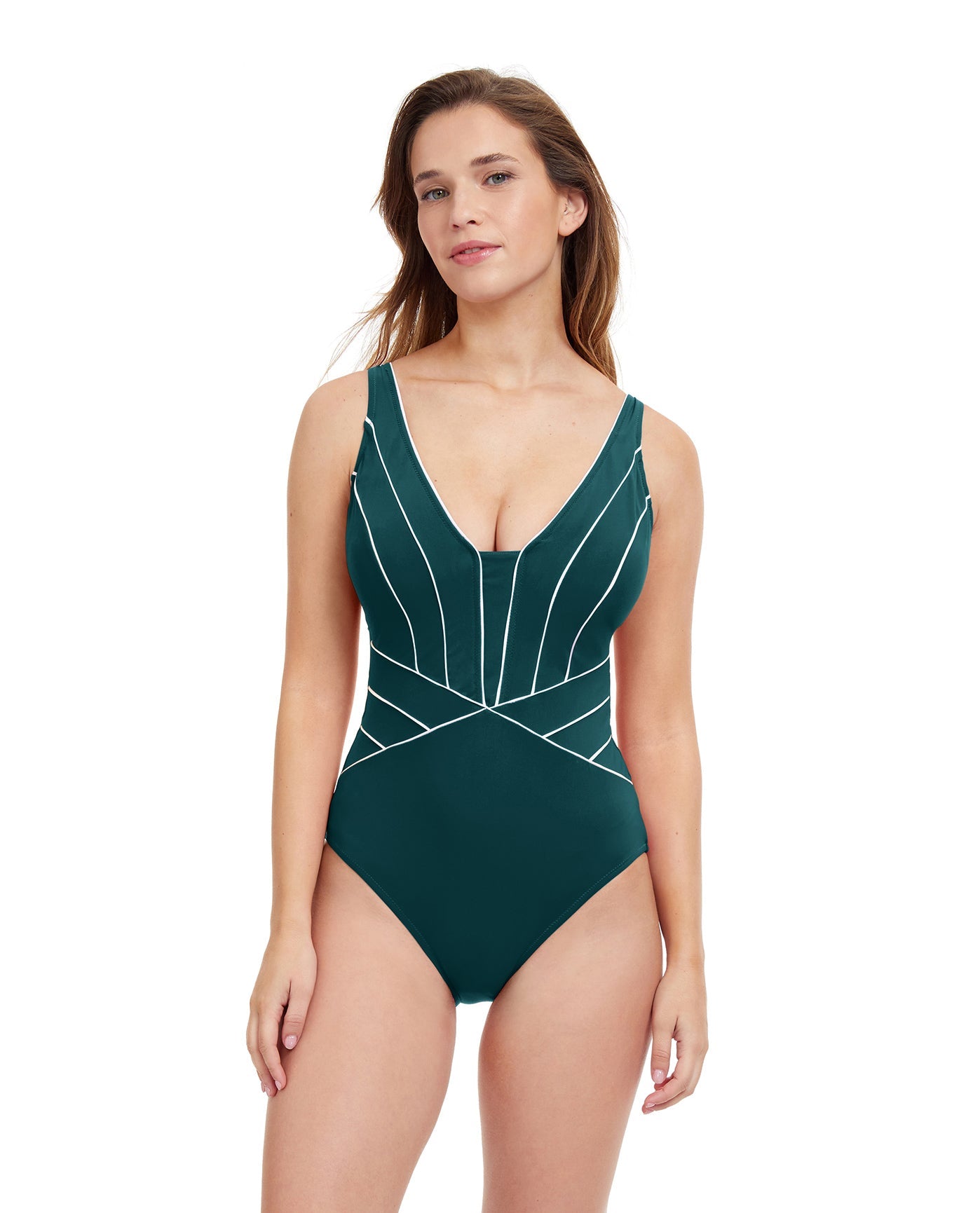 Front View Of Profile By Gottex Line Up V-Neck One Piece Swimsuit | PROFILE LINE UP DARK EMERALD