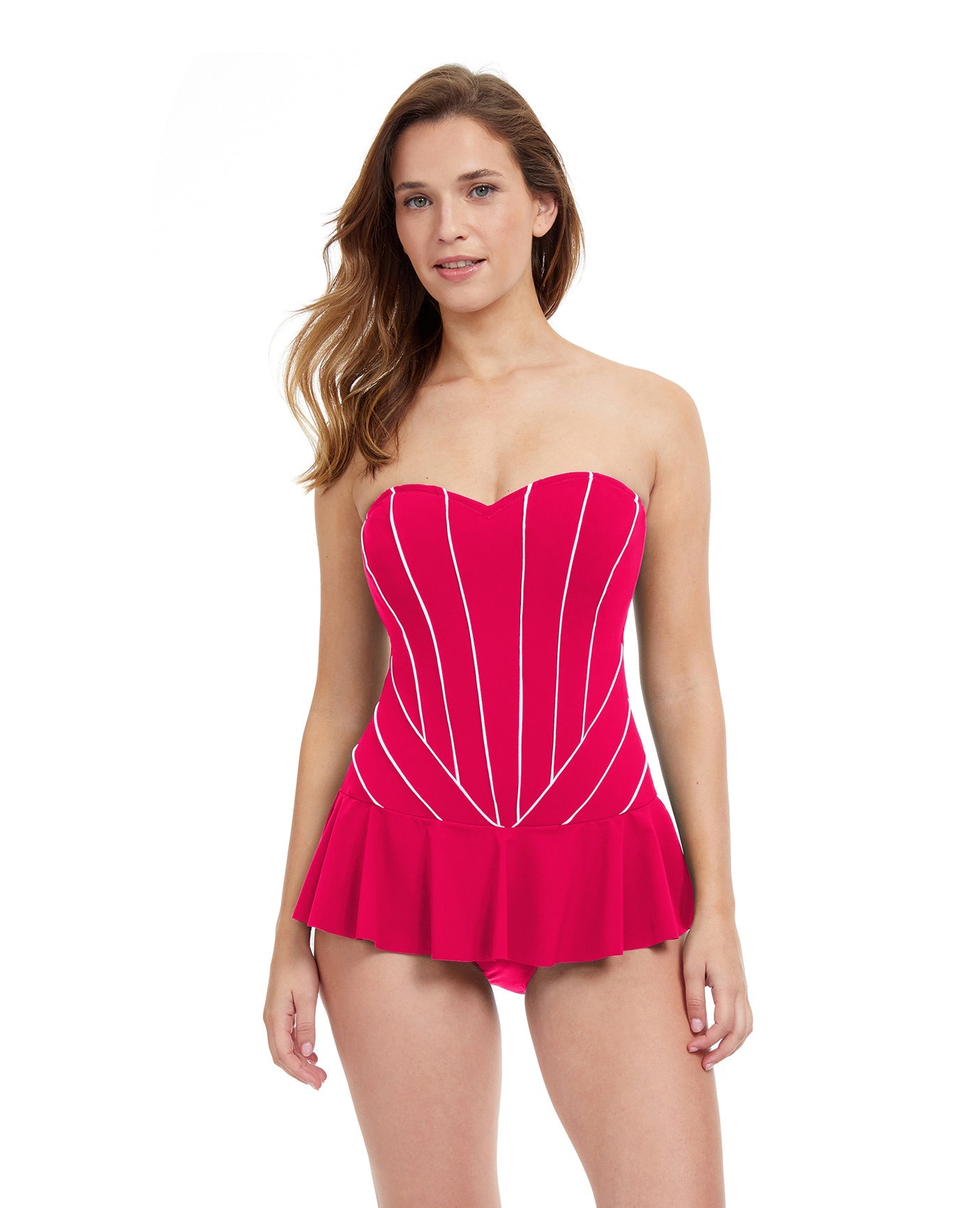 Front View Of Profile By Gottex Line Up Bandeau Strapless Swimdress | PROFILE LINE UP DARK FUSCHIA