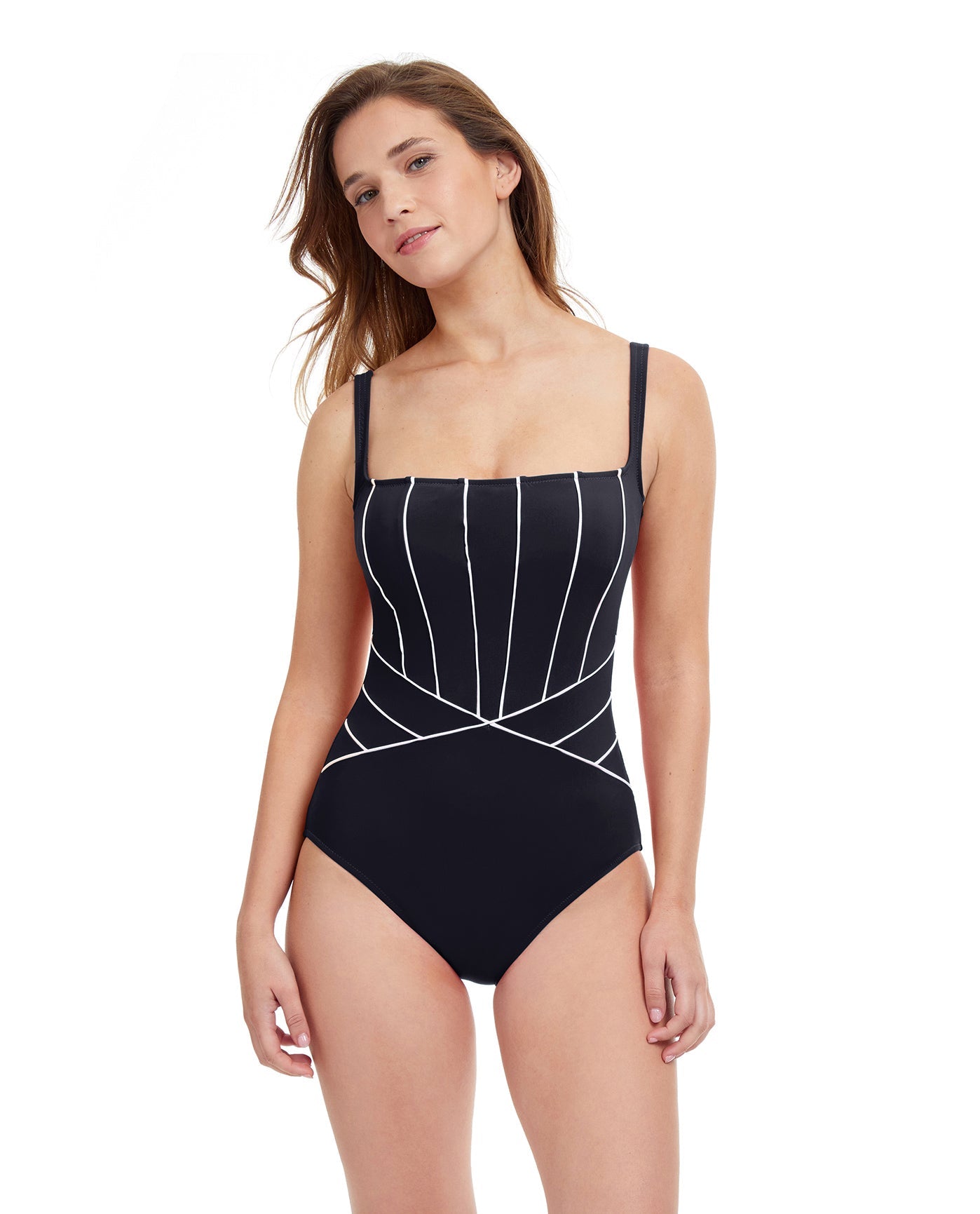 Front View Of Profile By Gottex Line Up D-Cup Square Neck One Piece Swimsuit | PROFILE LINE UP BLACK