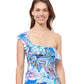 Front View Of Profile By Gottex Tropic Boom One Shoulder Ruffle Tankini Top | PROFILE TROPIC BOOM BLUE