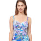 Front View Of Profile By Gottex Tropic Boom D-Cup Underwire Tankini Top | PROFILE TROPIC BOOM BLUE
