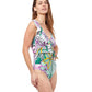 Side View Of Profile By Gottex Tropic Boom V-Neck Surplice Ruffle One Piece Swimsuit | PROFILE TROPIC BOOM GREEN