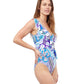 Side View Of Profile By Gottex Tropic Boom V-Neck Surplice Ruffle One Piece Swimsuit | PROFILE TROPIC BOOM BLUE