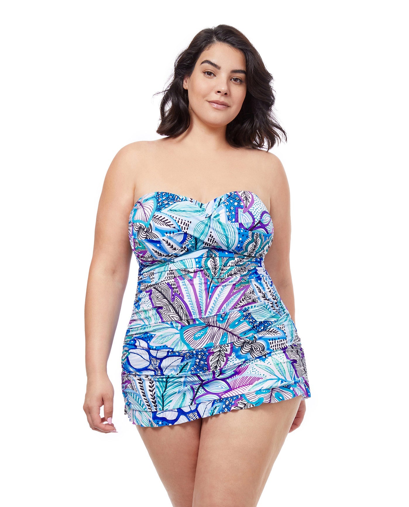 Front View Of Profile By Gottex Tropic Boom Bandeau Strapless Swimdress | PROFILE TROPIC BOOM BLUE