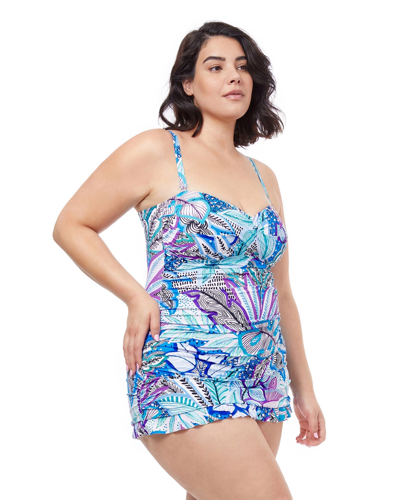 Side View Of Profile By Gottex Tropic Boom Bandeau Strapless Swimdress | PROFILE TROPIC BOOM BLUE