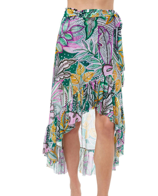 Front View Of Profile By Gottex Tropic Boom Ruffled High Low Mesh Cover Up Wrap Skirt | PROFILE TROPIC BOOM GREEN