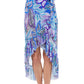 Front View Of Profile By Gottex Tropic Boom Ruffled High Low Mesh Cover Up Wrap Skirt | PROFILE TROPIC BOOM BLUE